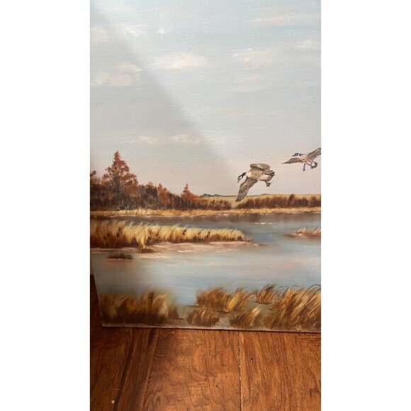 Vintage Oil Painting Of Geese In Flight Over Marshland Landscape canvas READ - Picture 2 of 4